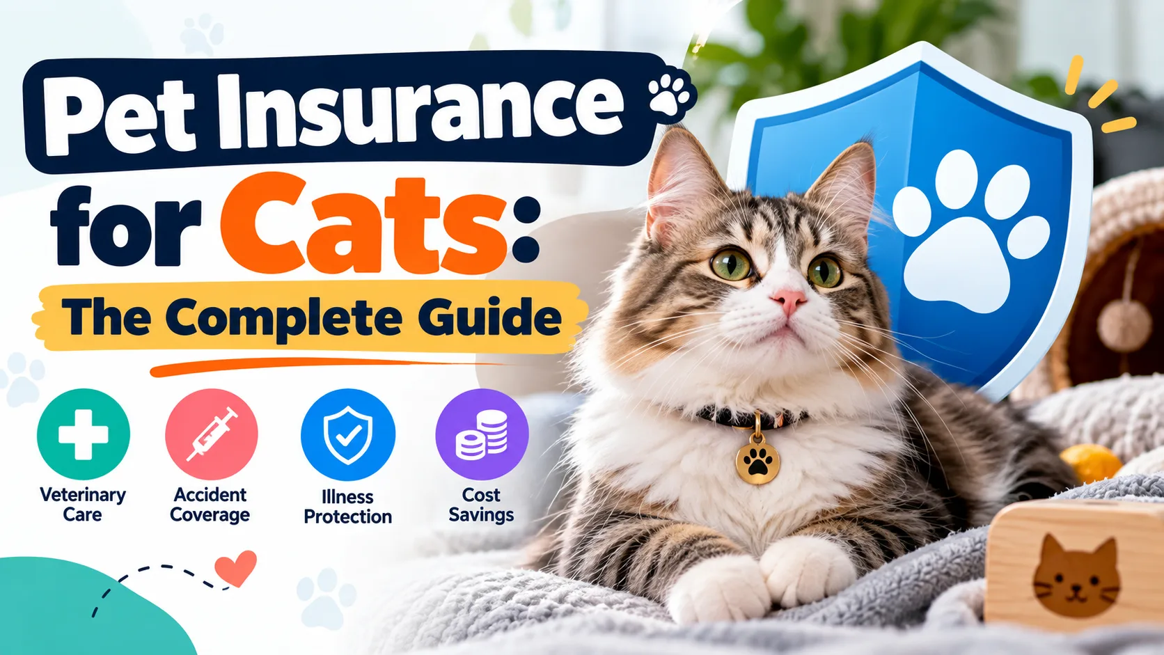Pet insurance for cats complete guide - tabby cat with a blue paw-print shield, covering vet care, accident cover, illness protection and cost savings